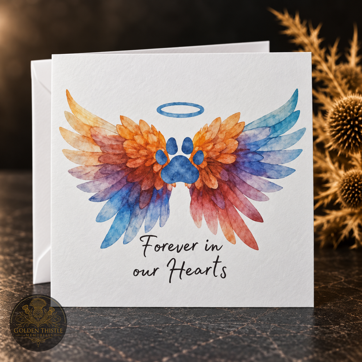 Forever in our Hearts - angel wings with paw print sympathy card